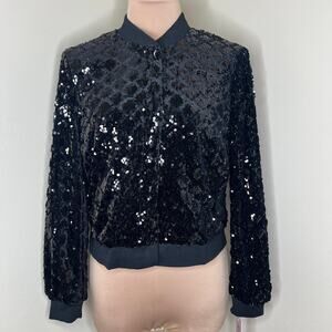 Nanette Lepore Sequin Bomber Jacket Small Womens Black Party Evening Holiday New